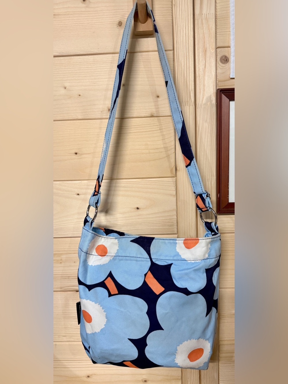 Marimekko Light Blue Floral Shoulder Bag with Navy & Coral Accents